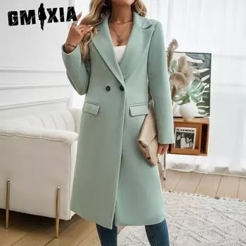 GMXIA женские винтажные повседневные однотонные куртки и пальто с воротником-поло на осень-зиму с длинным рукавом и принтом S абрикосовый