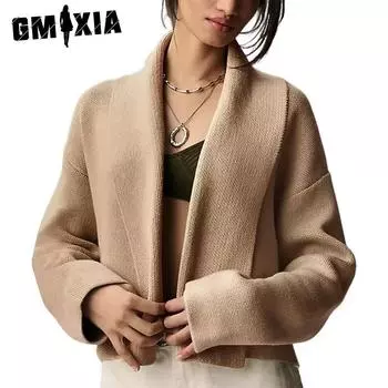 GMXIA женские винтажные повседневные однотонные куртки и пальто с воротником-поло на осень-зиму с длинным рукавом и принтом S светло-серый