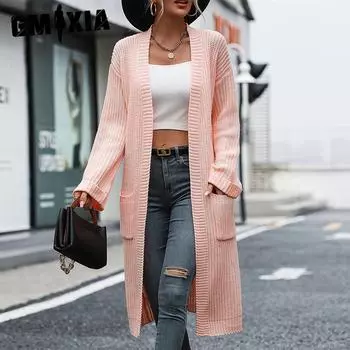 GMXIA женские винтажные повседневные однотонные куртки и пальто с длинными рукавами с принтом на осень и зиму, свитер, пальто S зелёный