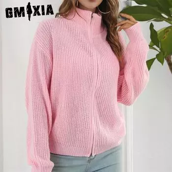 GMXIA женские винтажные повседневные однотонные куртки и пальто с воротником на осень и зиму с длинным рукавом и пальто-свитером S розовый