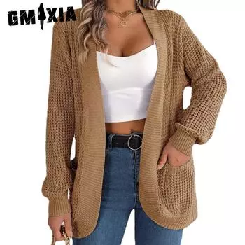 GMXIA женские винтажные повседневные однотонные осенне-зимние свободные куртки с длинными рукавами и вязаный свитер с карманами, кардиганы, пальто S хаки