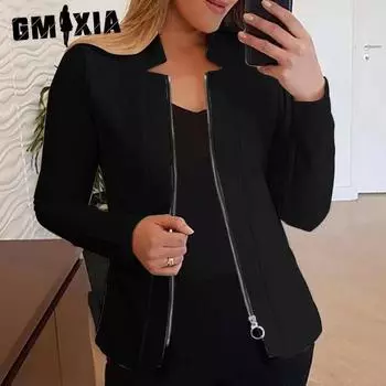 GMXIA женские винтажные повседневные однотонные осенне-зимние однотонные куртки и пальто с воротником на молнии с длинными рукавами