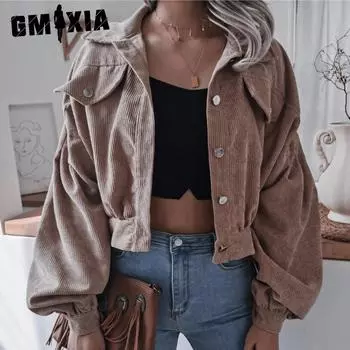 GMXIA женские винтажные повседневные однотонные осенне-зимние свободные куртки с длинными рукавами с лацканами и вельветовые короткие куртки-фонарики пальто S бордовый