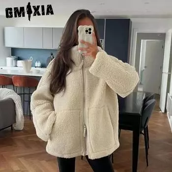 GMXIA женские винтажные повседневные однотонные осенне-зимние однотонные куртки и пальто с воротником на молнии с длинными рукавами S