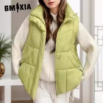 GMXIA Женские винтажные повседневные однотонные принтованные куртки и пальто без рукавов на осень-зиму M зелёный