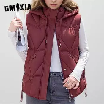 GMXIA Женские винтажные повседневные однотонные принтованные куртки и пальто без рукавов с капюшоном на осень-зиму M белый