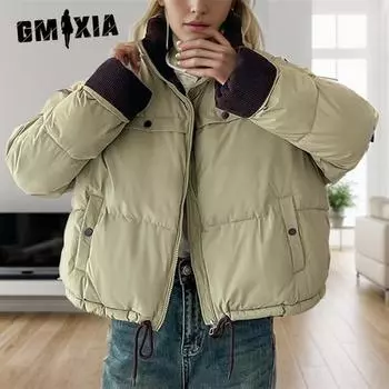 GMXIA Женские винтажные повседневные однотонные принтованные куртки и пальто с длинным рукавом и стойкой на осень-зиму M кофейный