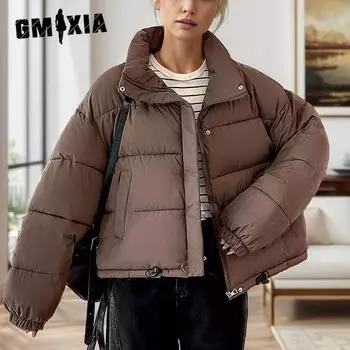 GMXIA Женские винтажные повседневные однотонные принтованные куртки и пальто с длинным рукавом и стойкой на осень-зиму M красный