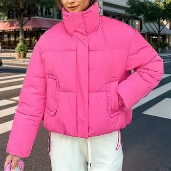 GMXIA Женские винтажные повседневные однотонные принтованные куртки и пальто с длинным рукавом и стойкой на осень-зиму M розы красного