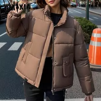 GMXIA Женские винтажные повседневные однотонные принтованные куртки и пальто с длинным рукавом и стойкой на осень-зиму M темно-коричневого