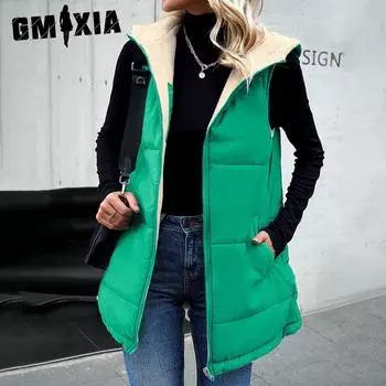 GMXIA Женские винтажные повседневные однотонные принтованные куртки и пальто без рукавов с капюшоном на осень-зиму S армия зеленый