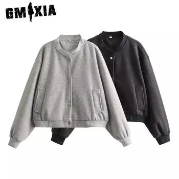 GMXIA Женские винтажные повседневные однотонные принтованные куртки и пальто с длинным рукавом и круглым вырезом на осень-зиму S чёрный