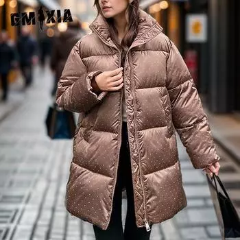 GMXIA Женские винтажные повседневные однотонные принтованные куртки и пальто с длинным рукавом и стойкой на осень-зиму M чёрный