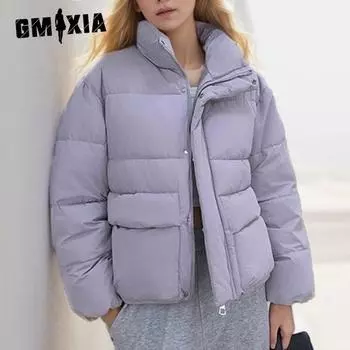 GMXIA Женские винтажные повседневные однотонные принтованные куртки и пальто с длинным рукавом и стойкой на осень-зиму M светло-фиолетовый