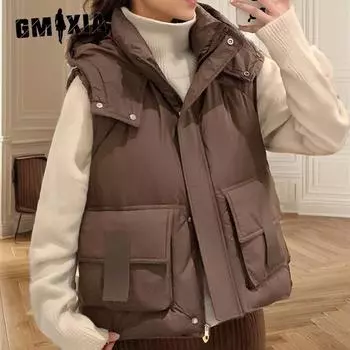 GMXIA Женские винтажные повседневные однотонные принтованные куртки и пальто без рукавов с капюшоном на осень-зиму M чёрный