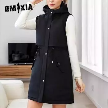 GMXIA Женские винтажные повседневные однотонные принтованные куртки и пальто без рукавов с капюшоном на осень-зиму L розовый