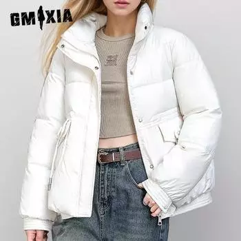 GMXIA Женские винтажные повседневные однотонные принтованные куртки и пальто с длинным рукавом и стойкой на осень-зиму M чёрный