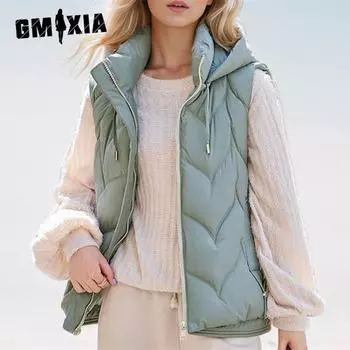 GMXIA Женские винтажные повседневные однотонные принтованные куртки и пальто без рукавов с капюшоном на осень-зиму M фиолетовый