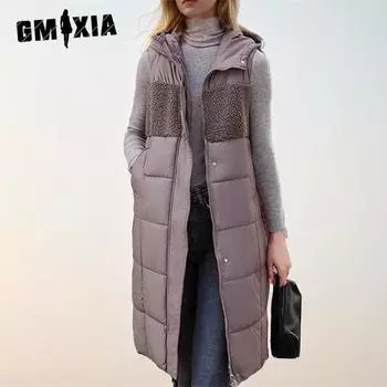 GMXIA Женские винтажные повседневные однотонные принтованные куртки и пальто без рукавов с капюшоном на осень-зиму M светло-коричневого