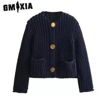 GMXIA Женские винтажные повседневные однотонные принтованные куртки и пальто с длинным рукавом и V-образным вырезом на осень-зиму S тёмно-синий