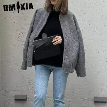 GMXIA женские винтажные повседневные однотонные принтованные куртки и пальто с длинным рукавом и квадратным воротником на осень-зиму S темно-серого