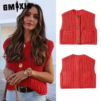 GMXIA Женские винтажные повседневные однотонные принтованные куртки и пальто без рукавов с V-образным вырезом на весну и осень S красный