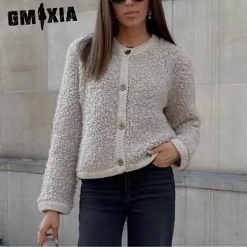 GMXIA Женские винтажные повседневные однотонные принтованные куртки и пальто с длинным рукавом и круглым вырезом на весну и осень S хаки