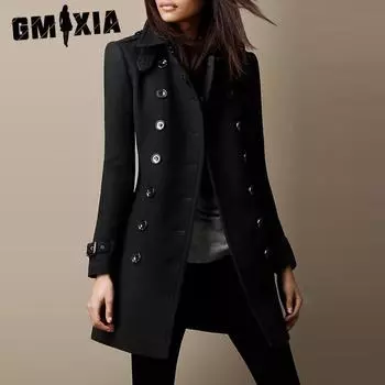 GMXIA Женские винтажные повседневные однотонные принтованные куртки и пальто с длинным рукавом и воротником-поло на осень-зиму Двубортное повседневное женское пальто S чёрный