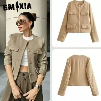 GMXIA Женские винтажные повседневные однотонные принтованные куртки и пальто с длинным рукавом и круглым вырезом на осень-зиму S белый