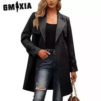 GMXIA Женские винтажные повседневные однотонные принтованные куртки и пальто с длинным рукавом и воротником-поло на весну и осень S чёрный