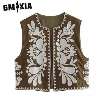 GMXIA женские винтажные повседневные однотонные принтованные летние весенние безрукавки с U-образным вырезом куртки и пальто XS армия зеленый