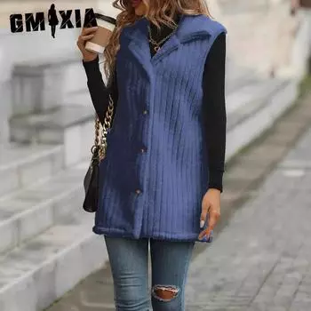 GMXIA Женские винтажные повседневные однотонные принтованные осенне-зимние безрукавные куртки и пальто с воротником-поло шерстяной жилет куртка средней длины плюшевый жилет S белый