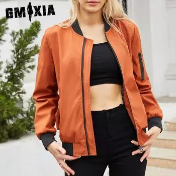 GMXIA Женские винтажные повседневные однотонные принтованные тонкие свободные куртки и пальто с воротником-стойкой и длинным рукавом на весну и осень S