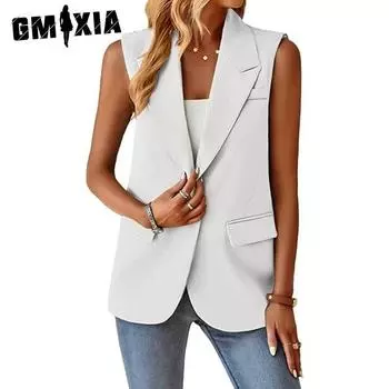 GMXIA Женские винтажные повседневные однотонные принты на лето и весну без рукавов с воротником поло и куртки и пальто темпераментный костюм жилет для женщин S белый