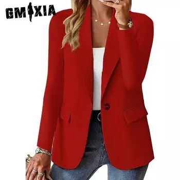 GMXIA Женские винтажные повседневные однотонные принты на лето и весну с длинным рукавом и воротником-поло, куртки и пальто, жилет для женщин в стиле темперамент S белый