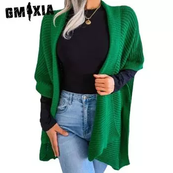 GMXIA женские винтажные повседневные однотонные с лацканами осенне-зимние свободные куртки с рукавами 1/2 и кардиганы больших размеров, свитера, пальто S зелёный