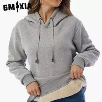 GMXIA женские винтажные повседневные однотонные с принтом осенне-зимние свободные куртки и пальто с длинными рукавами и капюшоном S чёрный