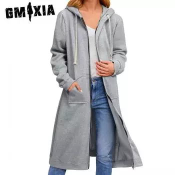 GMXIA женские винтажные повседневные однотонные с принтом осенне-зимние свободные куртки и пальто на молнии с длинными рукавами и капюшоном S чёрный