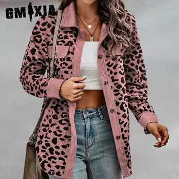 GMXIA женские винтажные повседневные свободные куртки и пальто с леопардовым принтом на пуговицах осень-зима с длинными рукавами и воротником-поло S синий