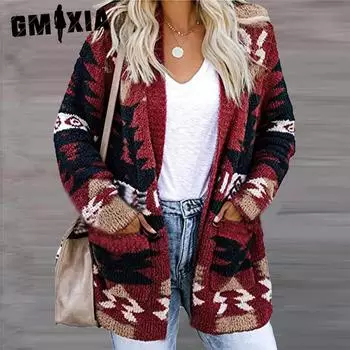 GMXIA женские винтажные повседневные свободные куртки и пальто с v-образным вырезом в рождественском стиле, осень-зима с длинным рукавом и v-образным вырезом