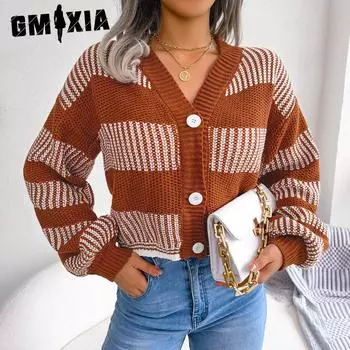 GMXIA женские винтажные повседневные свободные куртки с v-образным вырезом на осень-зиму с длинными рукавами и цветные контрастные полосатые кардиганы с рукавами-фонариками и пальто-свитера S коричневый
