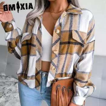 GMXIA женские винтажные повседневные свободные осенне-зимние клетчатые куртки с лацканами с длинными рукавами и шерстяная куртка с фонариками S красный