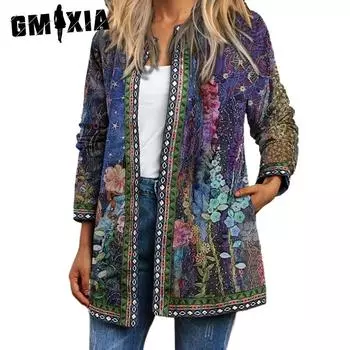 GMXIA женские винтажные повседневные весенне-осенние куртки и пальто с круглым вырезом с длинными рукавами