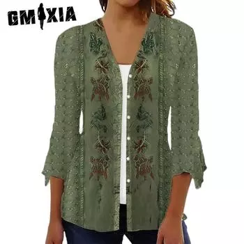 GMXIA женские винтажные повседневные весенне-осенние куртки и пальто с длинным рукавом и v-образным вырезом S