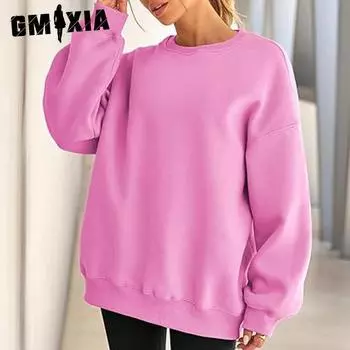 GMXIA Женский большой спортивный пуловер с круглым вырезом, повседневный и удобный осенний модный свитер S чёрный