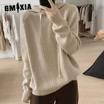 GMXIA Женский джемпер с капюшоном Lazy Wind, новая однотонная повседневная верхняя одежда на осень и зиму, вязаный свитер One size абрикосовый