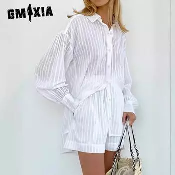 GMXIA женский хлопковый костюм-рубашка, летняя белая рубашка в вертикальную полоску, шорты, повседневный костюм S белый