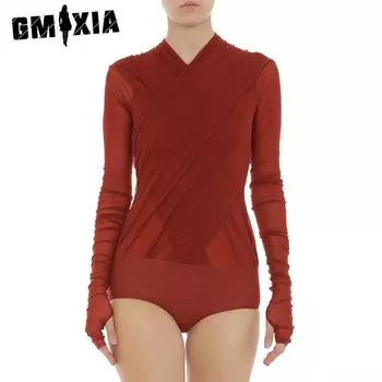 GMXIA Женский комбинезон осень-зима с перекрестной сеткой и плиссировкой, с открытой спиной и пуговицами S оранжевый