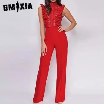 GMXIA Женский комбинезон с высоким воротом, модный, прямой, кружевной, вязаный крючком, без рукавов S белый