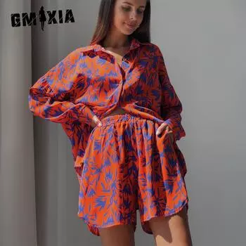 GMXIA Женский комплект из рубашки с принтом, летний модный повседневный комплект из оранжевой рубашки и шорт с принтом в виде листьев бамбука S оранжевый